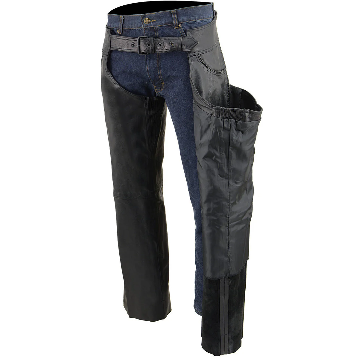 Milwaukee Leather Chaps for Men's Black Thin Braided Premium Leather Jean Style Pocket Motorcycle Chaps-ML1125 - Image 5