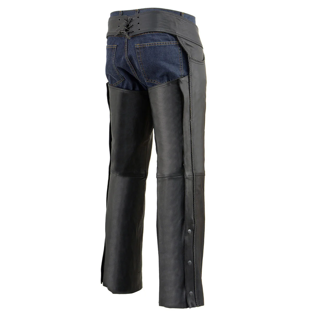 Milwaukee Leather Chaps for Men's Black Thin Braided Premium Leather Jean Style Pocket Motorcycle Chaps-ML1125 - Image 6