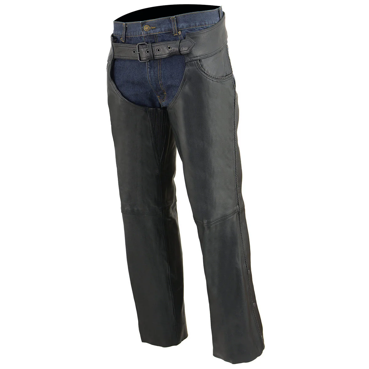 Milwaukee Leather Chaps for Men's Black Thin Braided Premium Leather Jean Style Pocket Motorcycle Chaps-ML1125 - Image 7