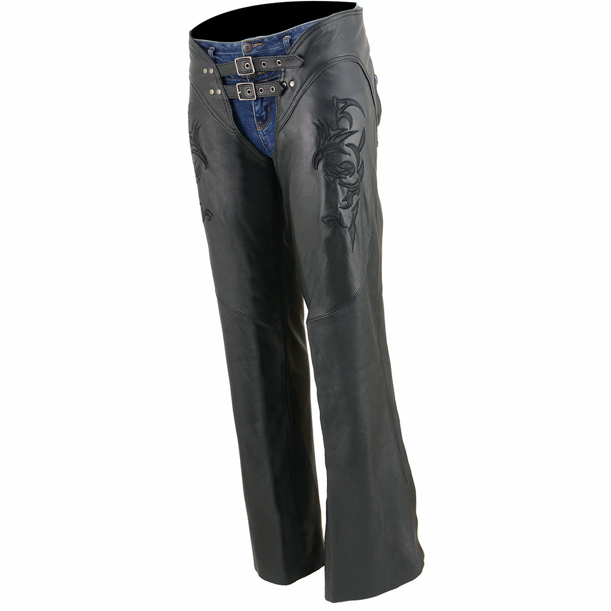Milwaukee Leather Chaps for Women Black Low-Rise Waist- Double Buckle Reflective Embroidery Motorcycle Chap- ML1187 - Image 10