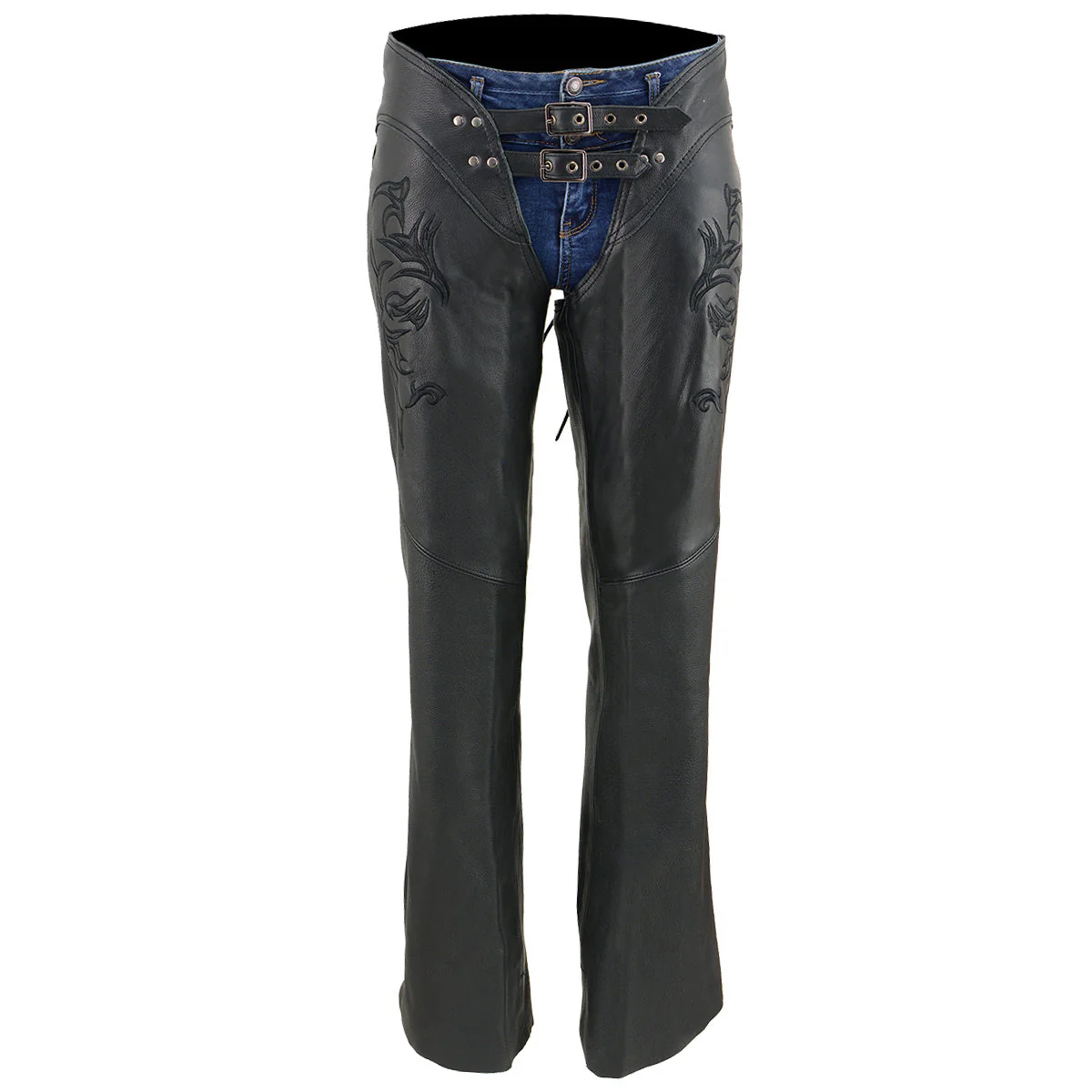 Milwaukee Leather Chaps for Women Black Low-Rise Waist- Double Buckle Reflective Embroidery Motorcycle Chap- ML1187 - Image 11