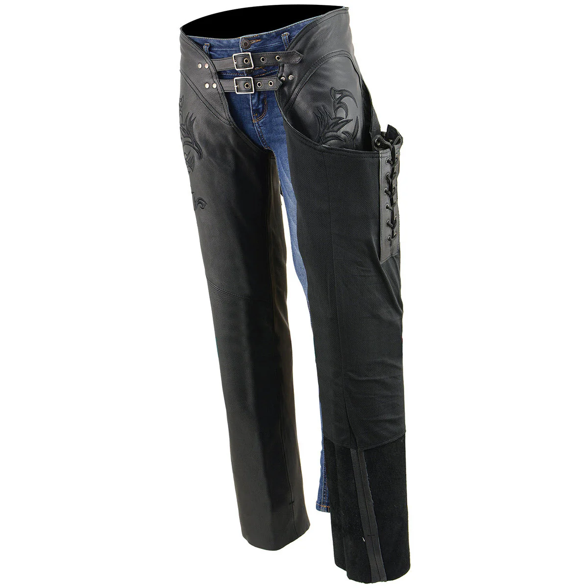Milwaukee Leather Chaps for Women Black Low-Rise Waist- Double Buckle Reflective Embroidery Motorcycle Chap- ML1187 - Image 12