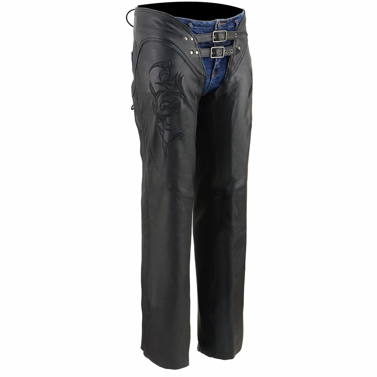 Milwaukee Leather Chaps for Women Black Low-Rise Waist- Double Buckle Reflective Embroidery Motorcycle Chap- ML1187 - Image 4