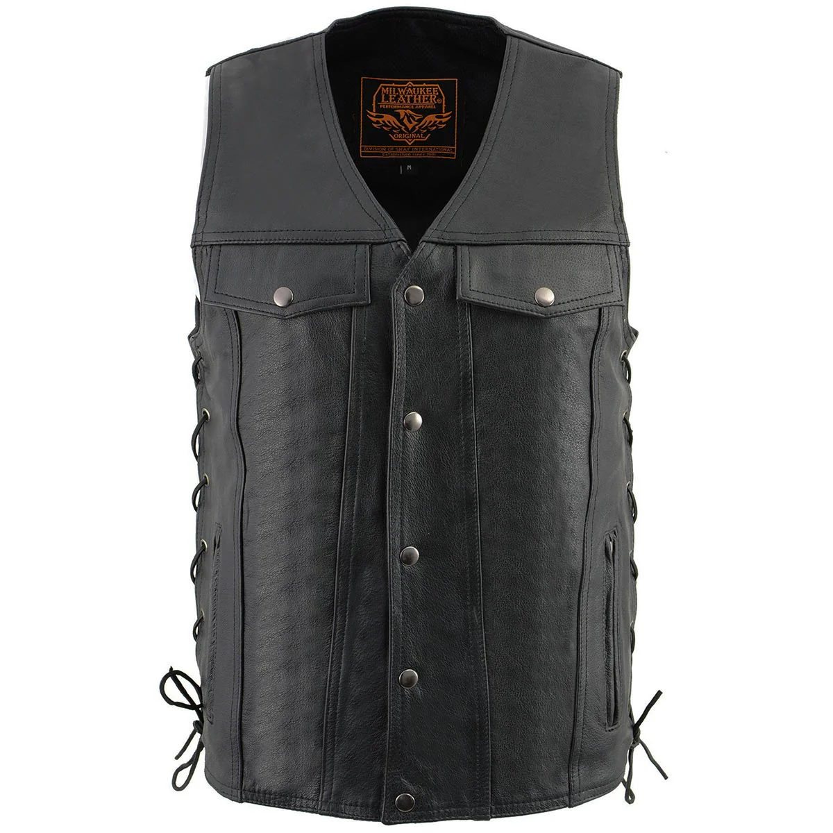 Milwaukee Leather LKM1360 Men's Black Leather Classic V-Neck Motorcycle Rider Vest w/ Snaps and Side Laces Closure - Image 10