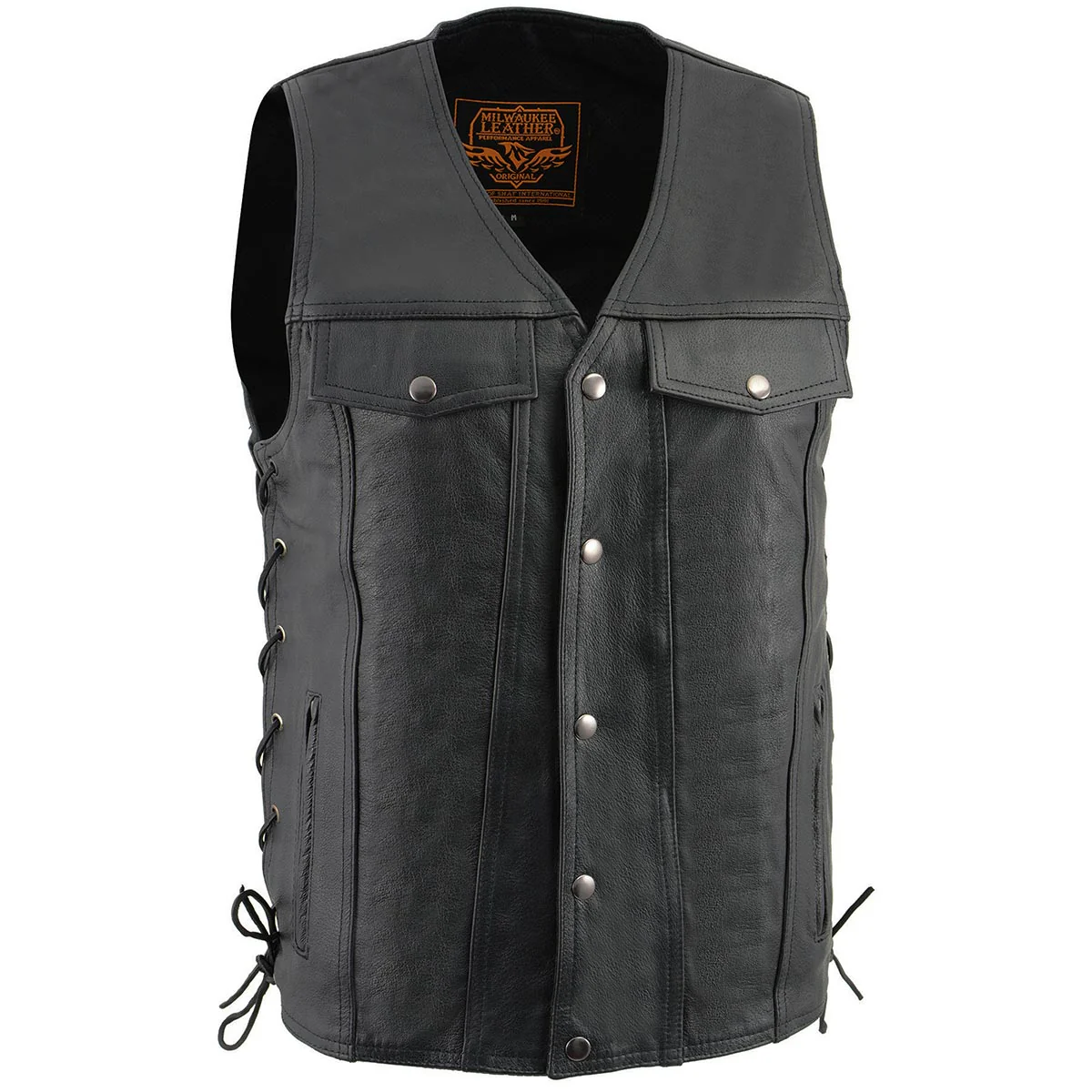 Milwaukee Leather LKM1360 Men's Black Leather Classic V-Neck Motorcycle Rider Vest w/ Snaps and Side Laces Closure - Image 4