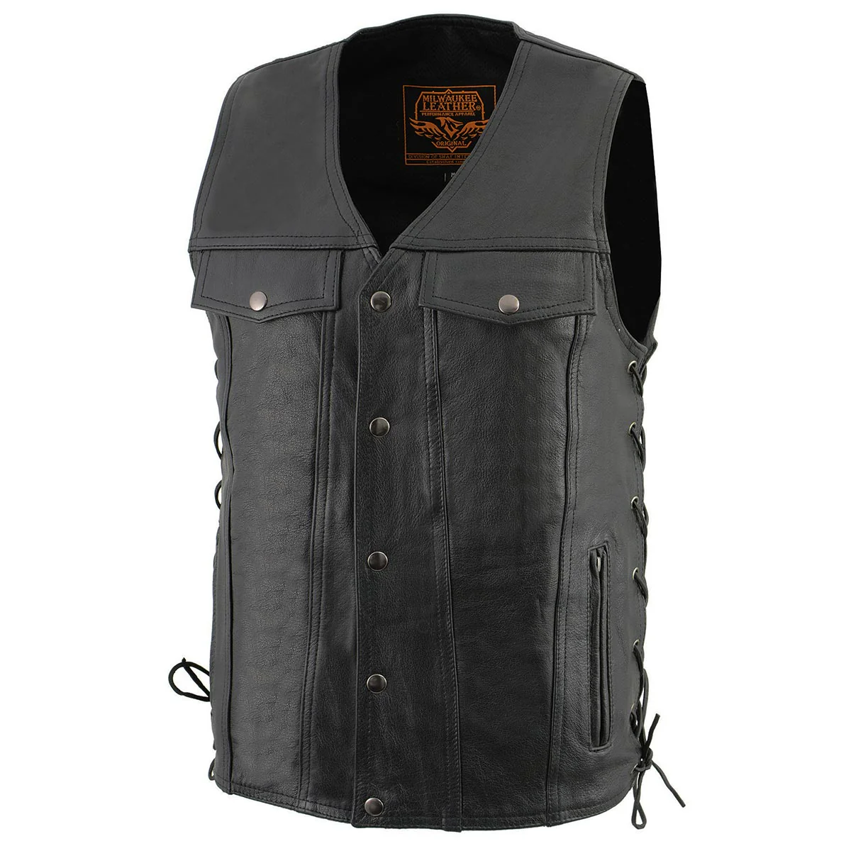 Milwaukee Leather LKM1360 Men's Black Leather Classic V-Neck Motorcycle Rider Vest w/ Snaps and Side Laces Closure - Image 8