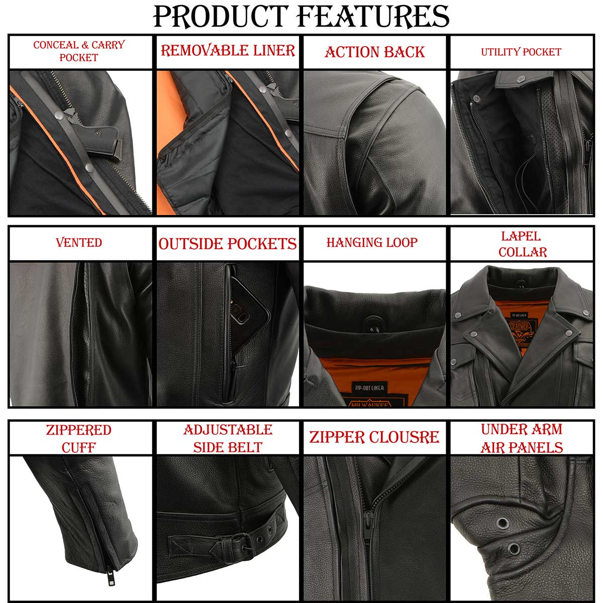 Milwaukee Leather LKM1720T Men's Tall Sizes Black Premium Leather Motorcycle Vented Leather Jacket w/ Utility Pockets - Image 19