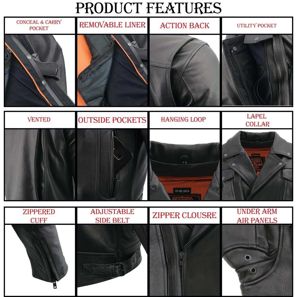 Milwaukee Leather LKM1760 Men's Black Leather Motorcycle Riders Jacket w/ Multi-Utility Pockets - Image 23