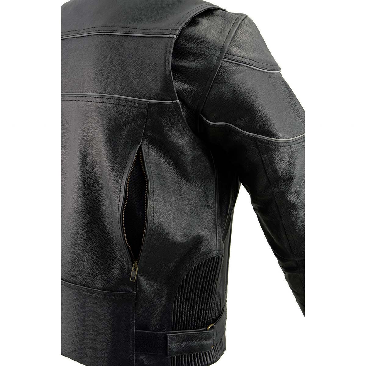 Milwaukee Leather LKM1785 Mens Black Leather Racer Style Motorcycle Jacket w/ Side Stretch and Reflective Piping - Image 15