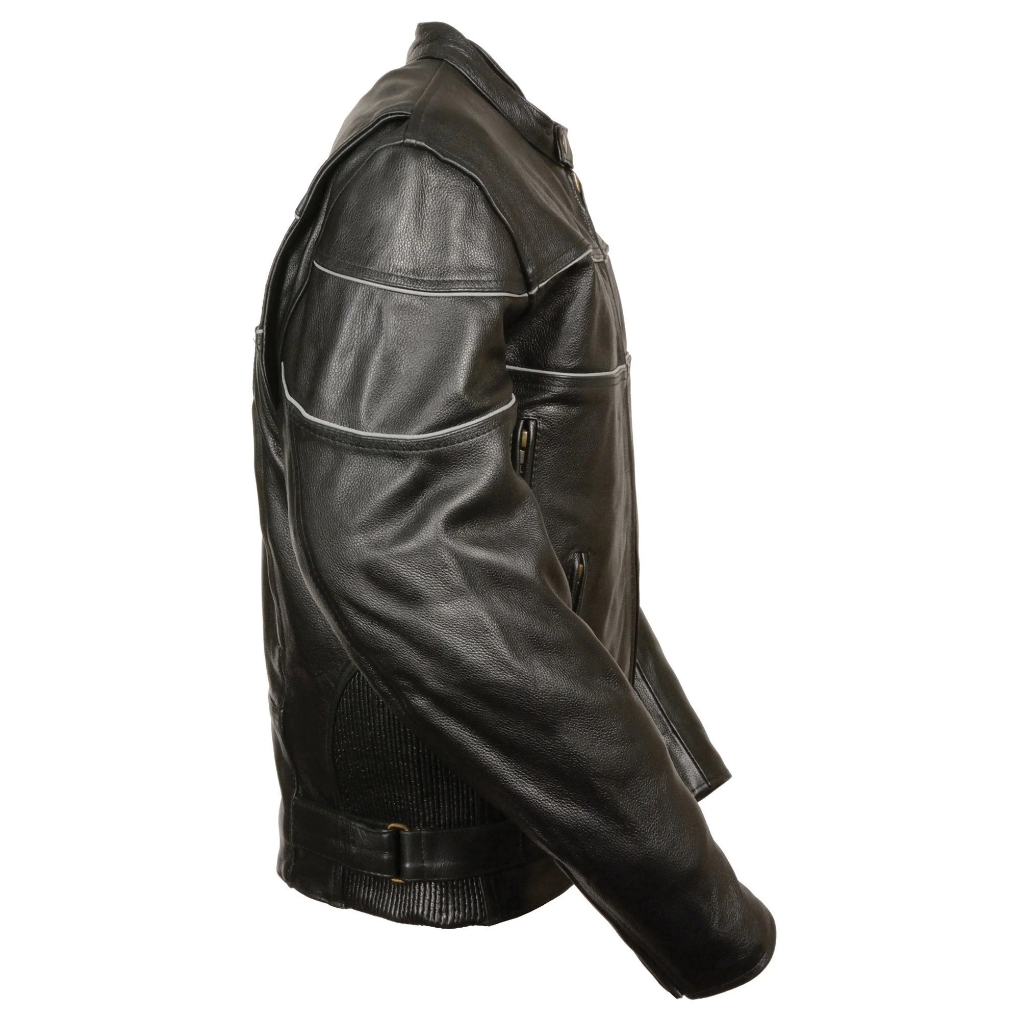Milwaukee Leather LKM1785 Mens Black Leather Racer Style Motorcycle Jacket w/ Side Stretch and Reflective Piping - Image 4