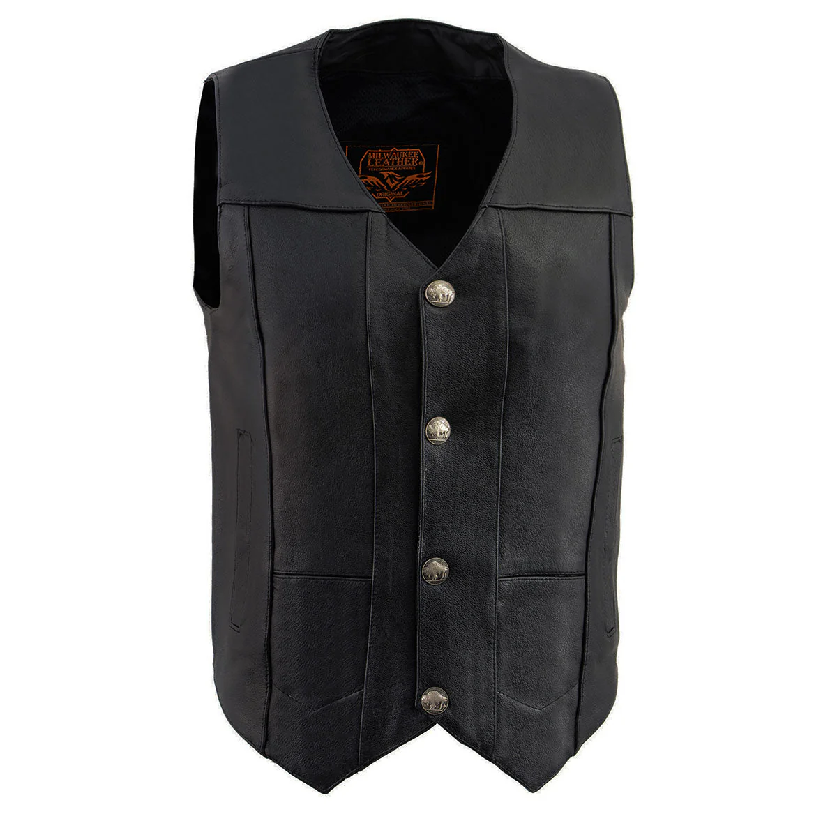 Milwaukee Leather LKM3700 Men's Black Leather Classic V-Neck Motorcycle Rider Vest w/ Buffalo Nickel Snaps Closure - Image 4