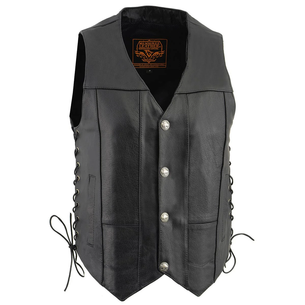 Milwaukee Leather LKM3701 Men's Black Leather Classic V-Neck Motorcycle Rider Vest w/ Buffalo Snaps and Side Laces - Image 4