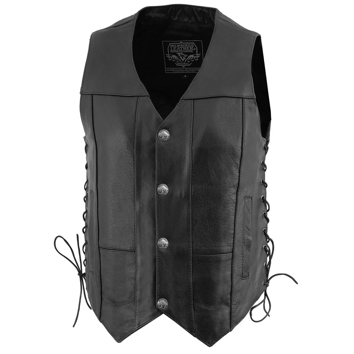Milwaukee Leather LKM3701 Men's Black Leather Classic V-Neck Motorcycle Rider Vest w/ Buffalo Snaps and Side Laces - Image 8