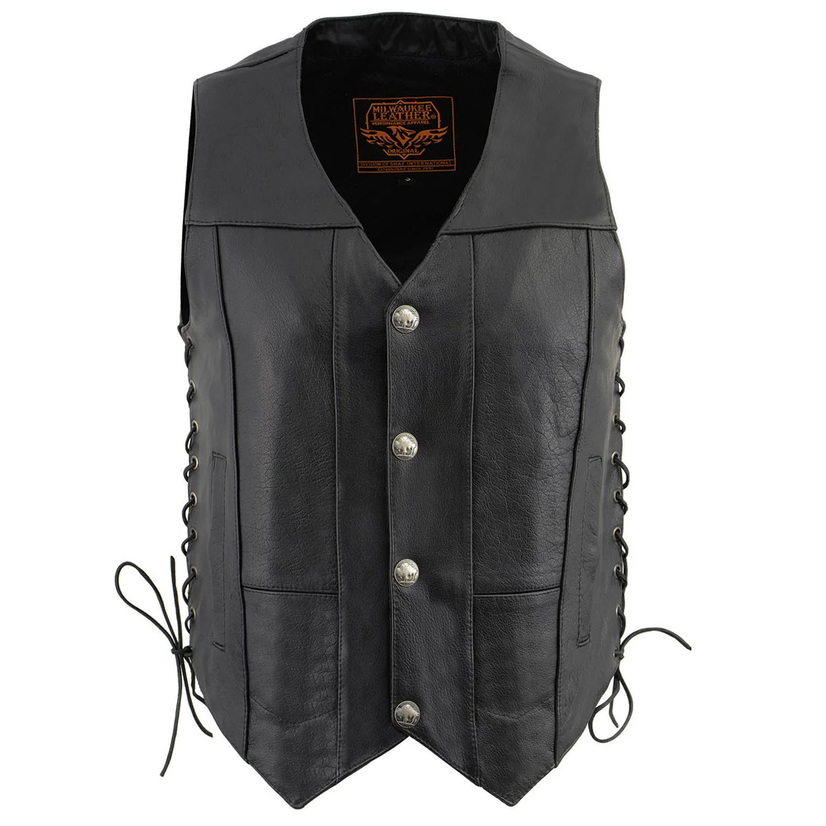 Milwaukee Leather LKM3701 Men's Black Leather Classic V-Neck Motorcycle Rider Vest w/ Buffalo Snaps and Side Laces - Image 9
