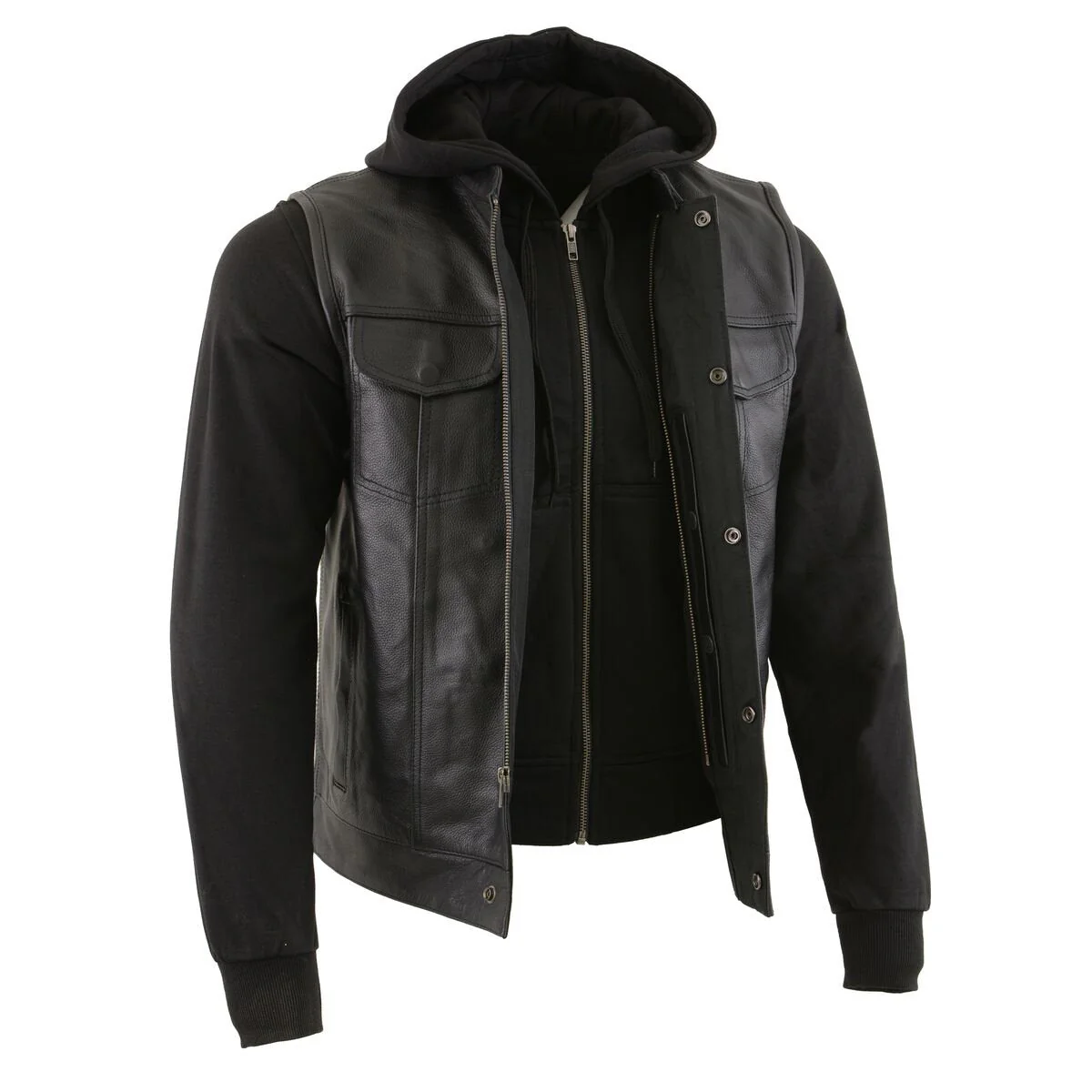 Milwaukee Leather LKM3714 Men's Black Club Style '2 in 1' Zipper Vest with Full Sleeve Hoodie and Quick Draw Pocket - Image 9