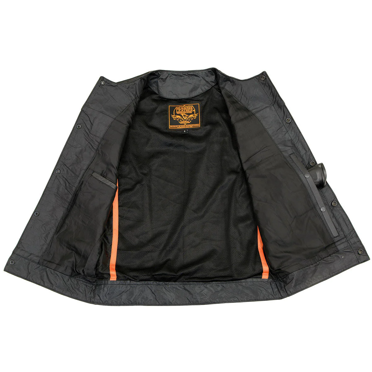 Milwaukee Leather LKM3721 Men's Black Leather Collarless Club Style Motorcycle Rider Vest w/Concealed Snap Closure - Image 7