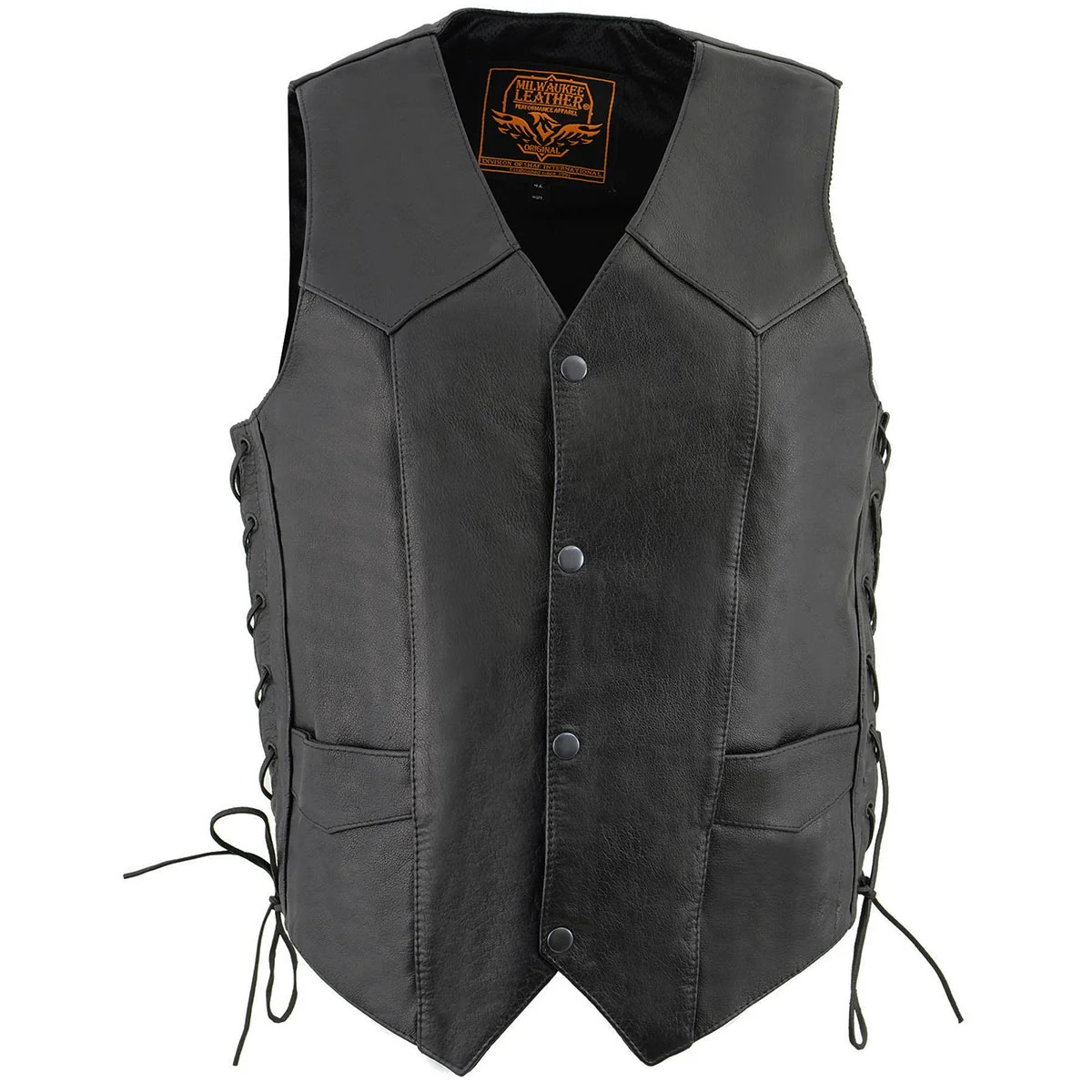 Milwaukee Leather LKM3731 Men's Black Leather Classic Side Lace V-Neck Motorcycle Rider Vest w/ Front Snap Closure - Image 10