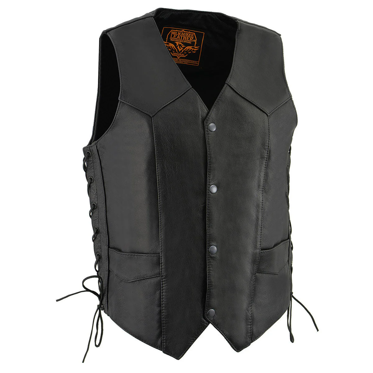 Milwaukee Leather LKM3731 Men's Black Leather Classic Side Lace V-Neck Motorcycle Rider Vest w/ Front Snap Closure - Image 4
