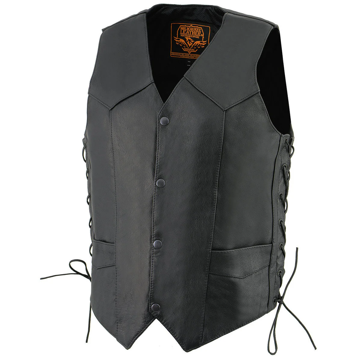 Milwaukee Leather LKM3731 Men's Black Leather Classic Side Lace V-Neck Motorcycle Rider Vest w/ Front Snap Closure - Image 8