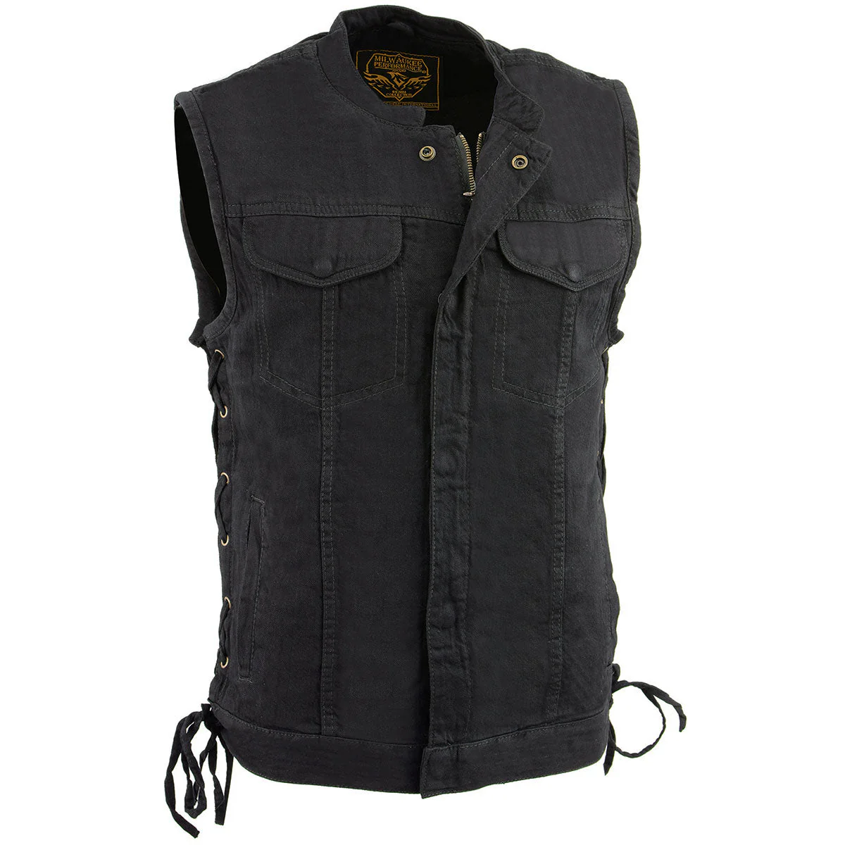 Milwaukee Leather MDM3002 Men's ‘Covert’ Black Denim Club Style Vest with Side Lace Adjustment - Image 4
