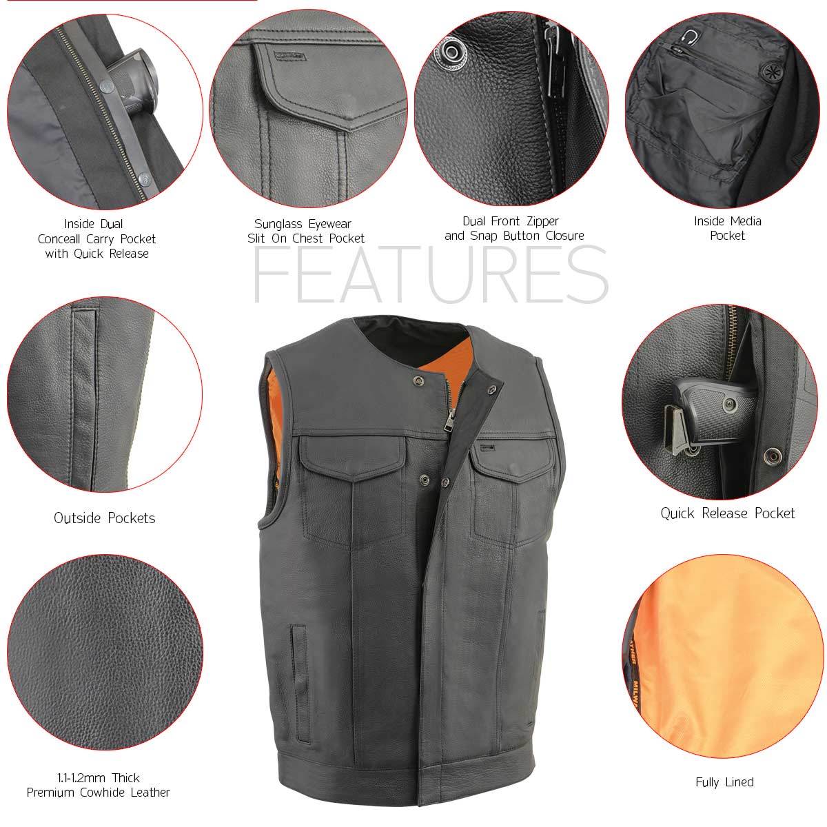Milwaukee Leather Men's MLM3515 Black Premium Collarless Club Style Motorcycle Vest w/ Cool-Tec Leather Treatment - Image 3