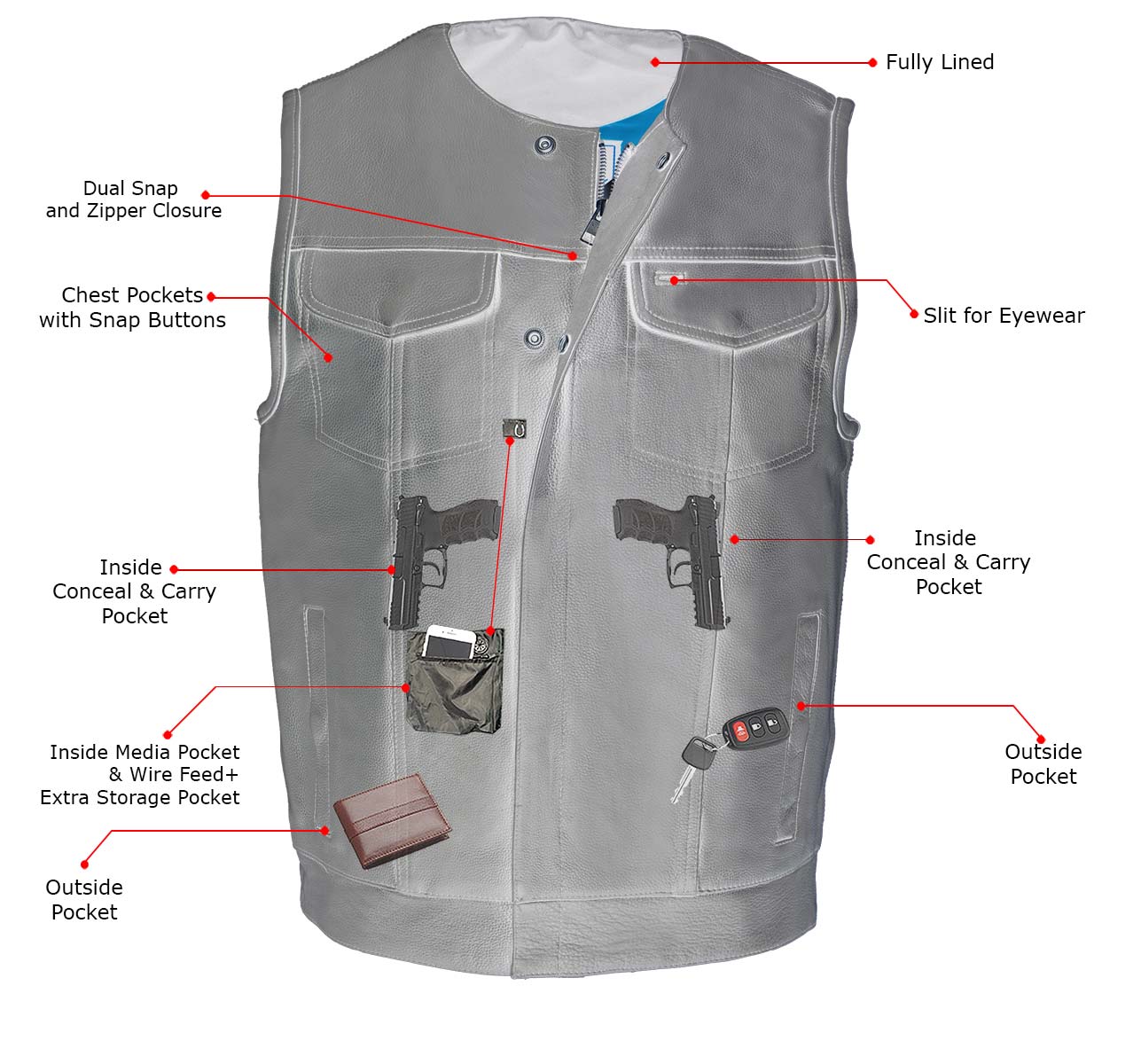Milwaukee Leather Men's MLM3515 Black Premium Collarless Club Style Motorcycle Vest w/ Cool-Tec Leather Treatment - Image 4
