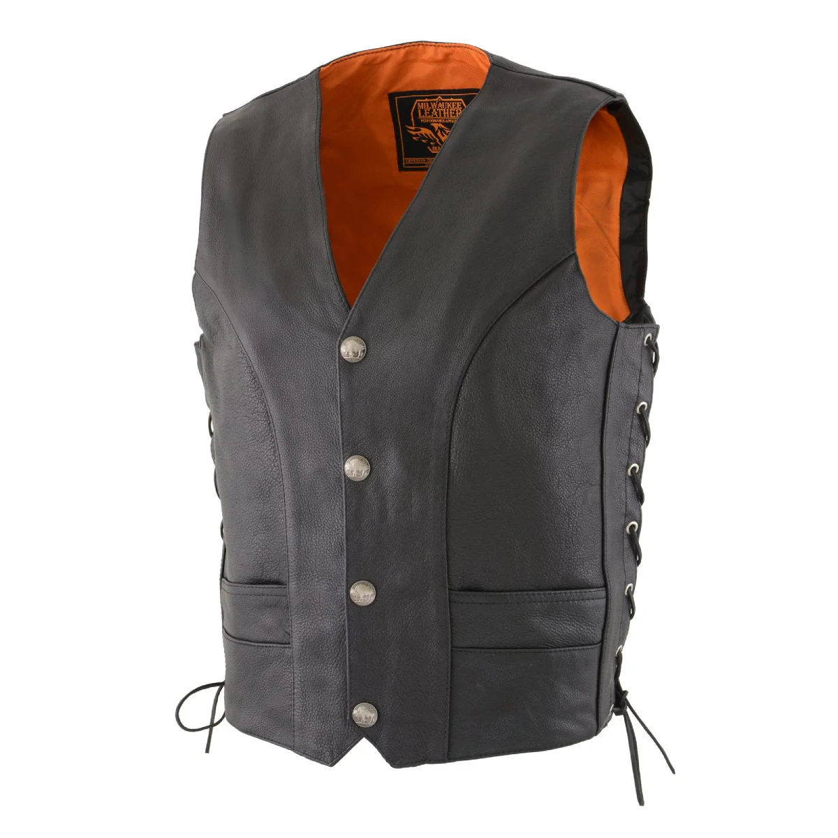Milwaukee Leather ML1369 Men's Black Premium Leather Side Lace Motorcycle Rider Vest w/ Buffalo Nickel Snaps Closure - Image 7