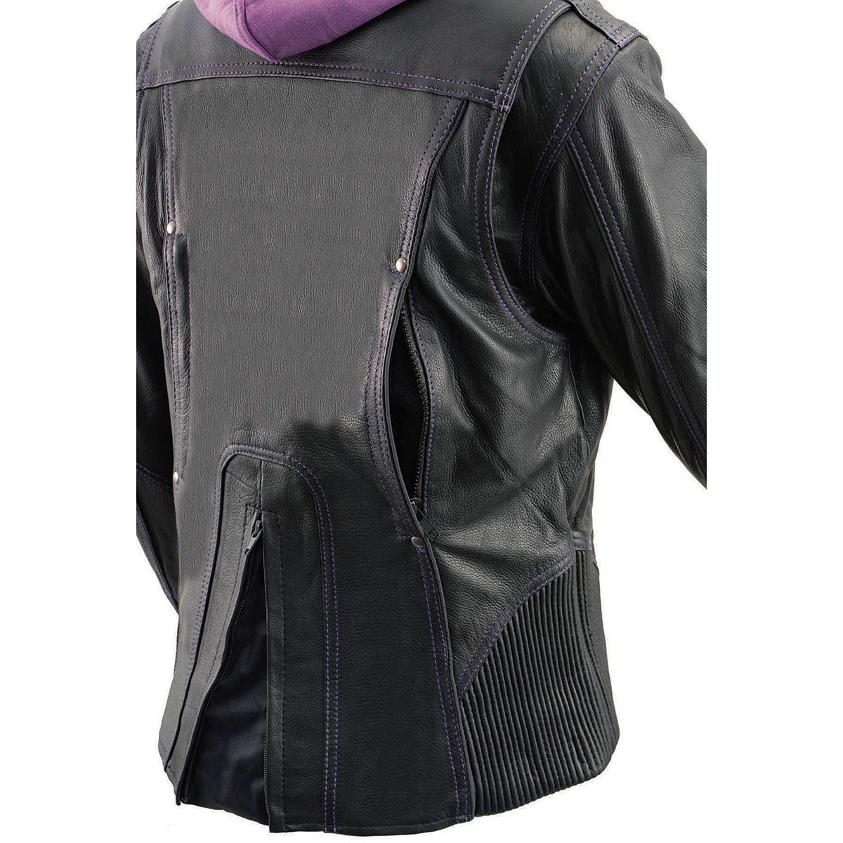 Milwaukee Leather ML2067 Women's 3/4 Black and Purple Leather Hoodie Jacket with Reflective Tribal Design - Image 10
