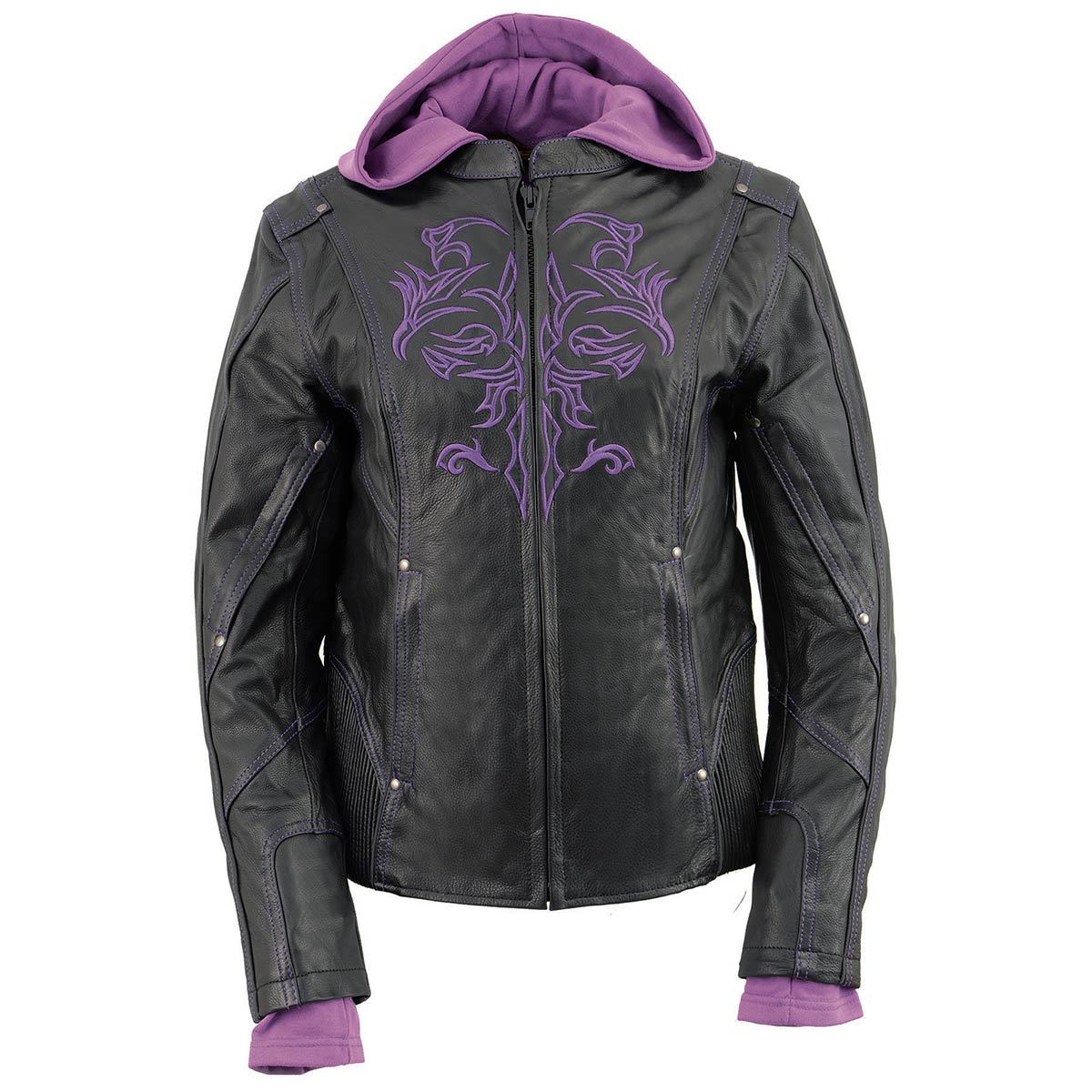 Milwaukee Leather ML2067 Women's 3/4 Black and Purple Leather Hoodie Jacket with Reflective Tribal Design - Image 12