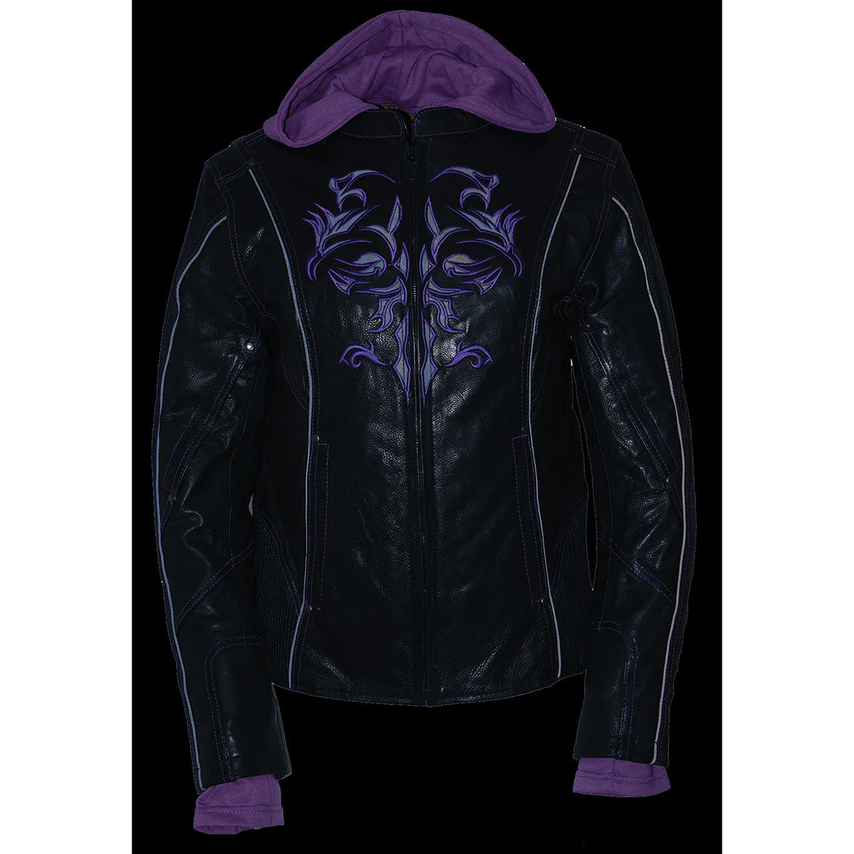 Milwaukee Leather ML2067 Women's 3/4 Black and Purple Leather Hoodie Jacket with Reflective Tribal Design - Image 13