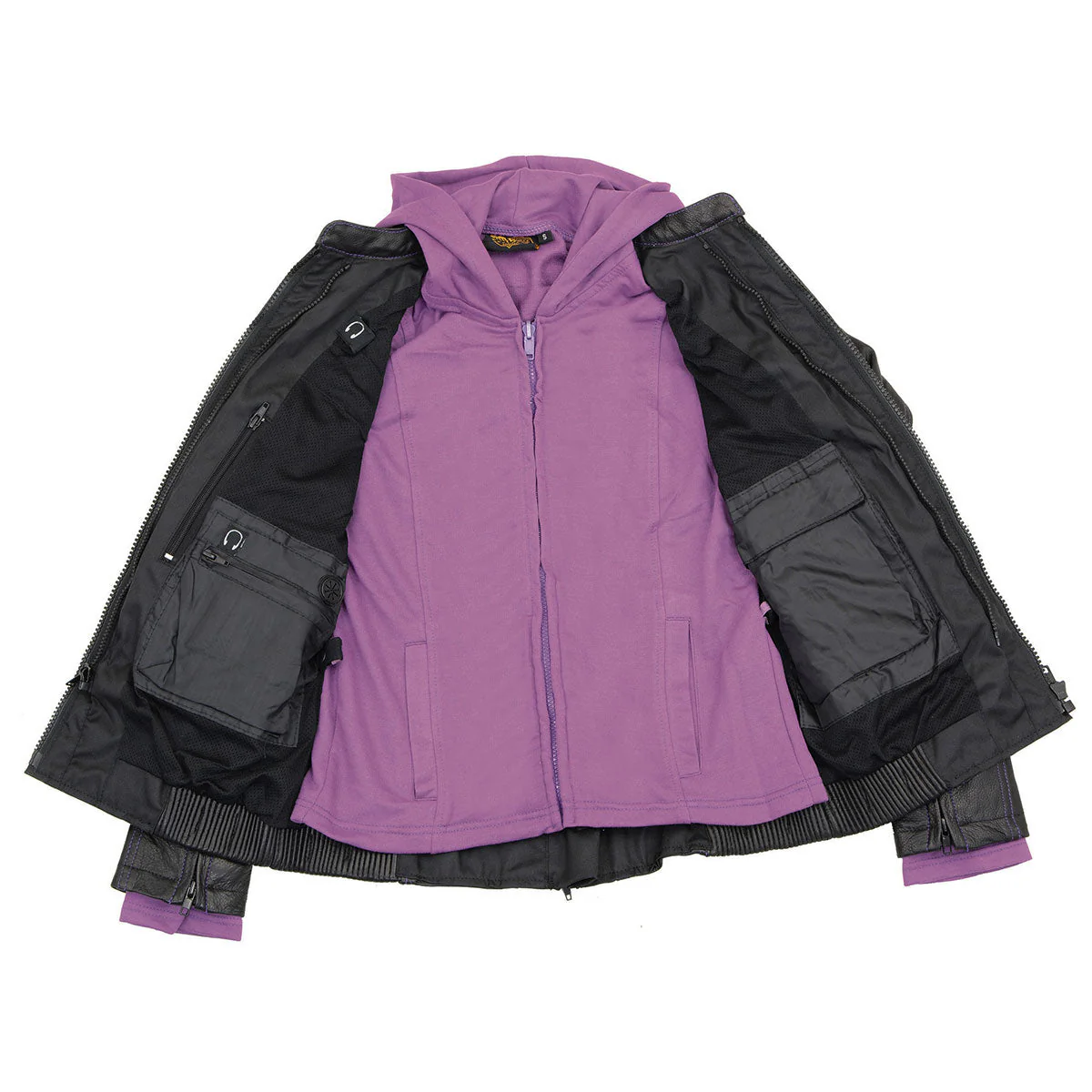 Milwaukee Leather ML2067 Women's 3/4 Black and Purple Leather Hoodie Jacket with Reflective Tribal Design - Image 14