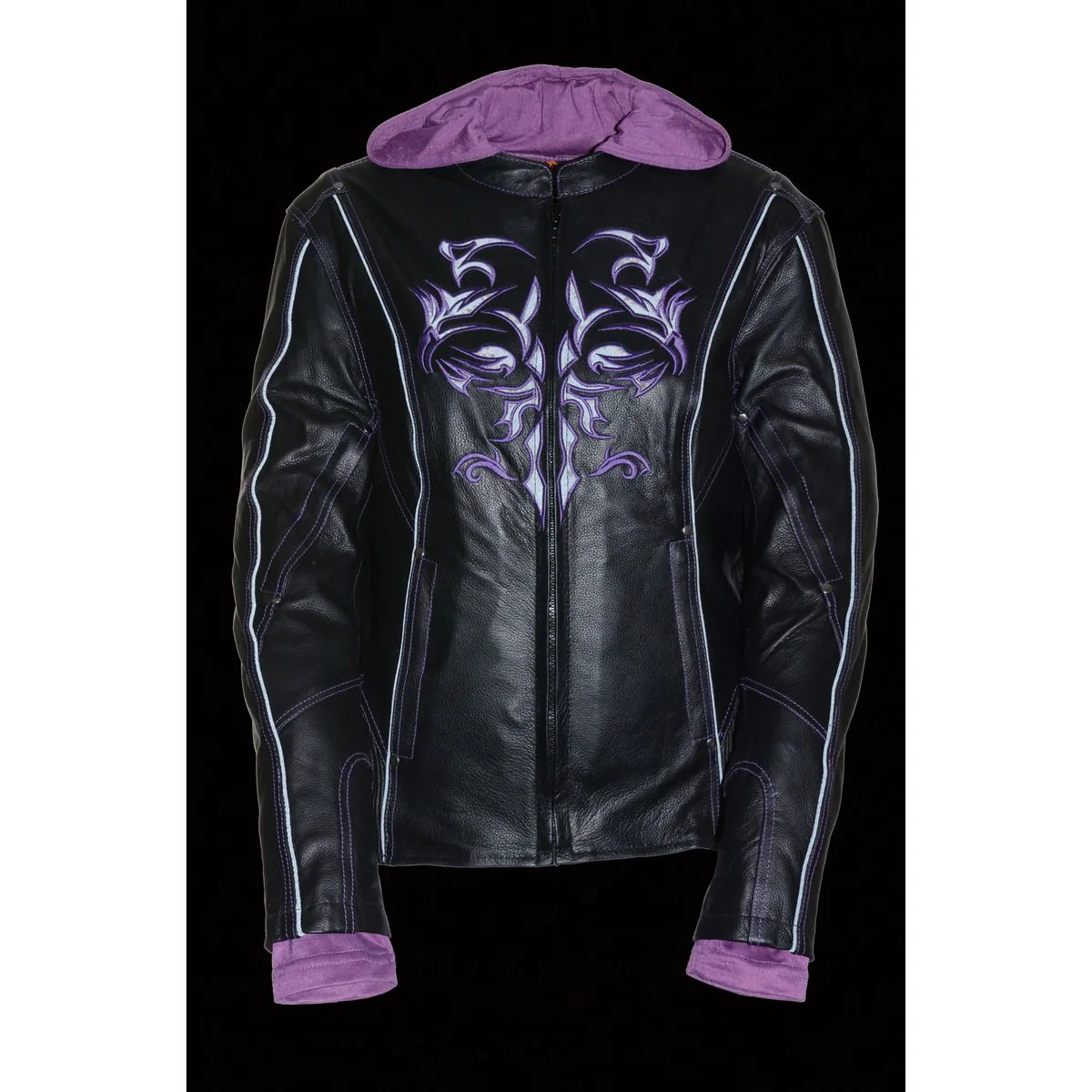 Milwaukee Leather ML2067 Women's 3/4 Black and Purple Leather Hoodie Jacket with Reflective Tribal Design - Image 6