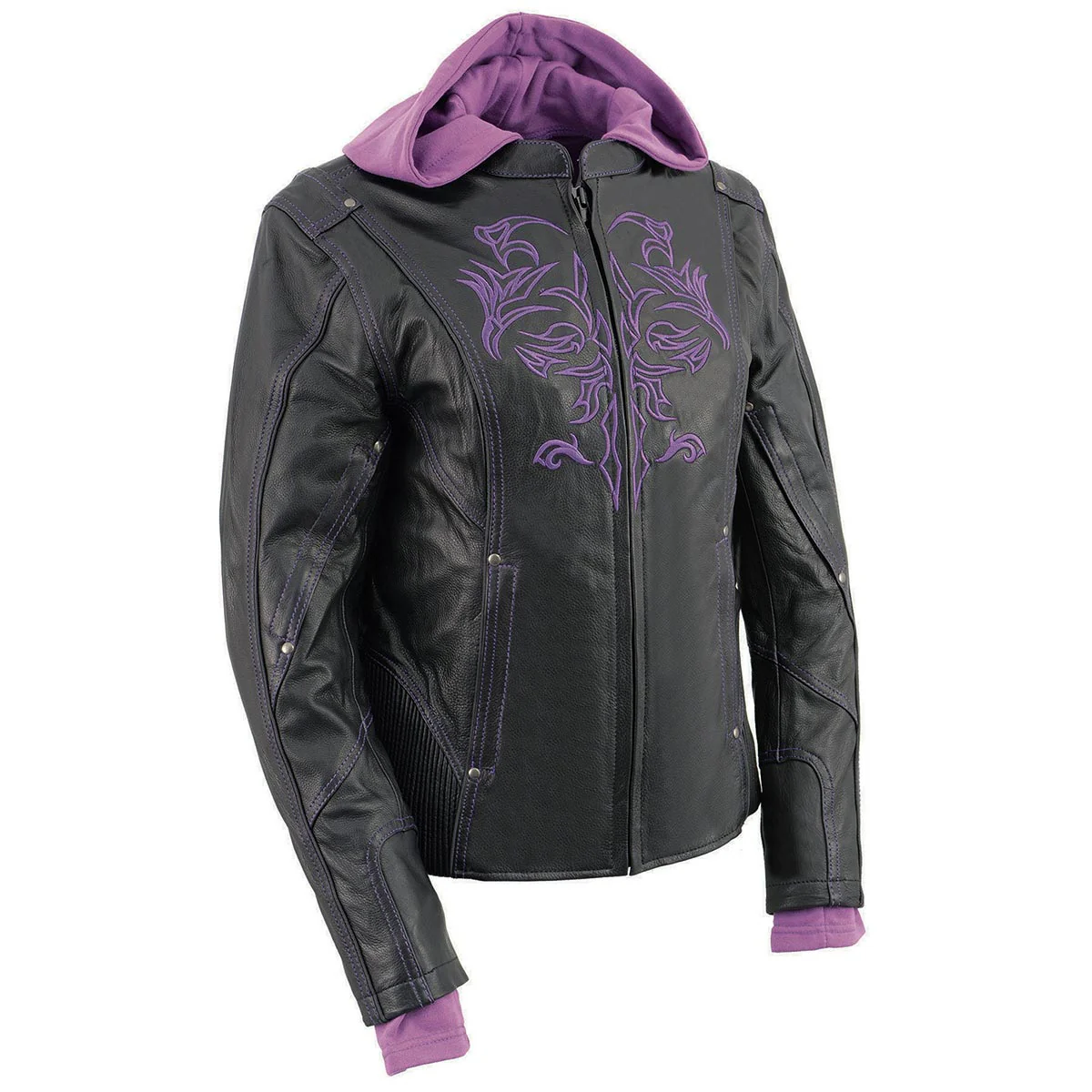 Milwaukee Leather ML2067 Women's 3/4 Black and Purple Leather Hoodie Jacket with Reflective Tribal Design - Image 9