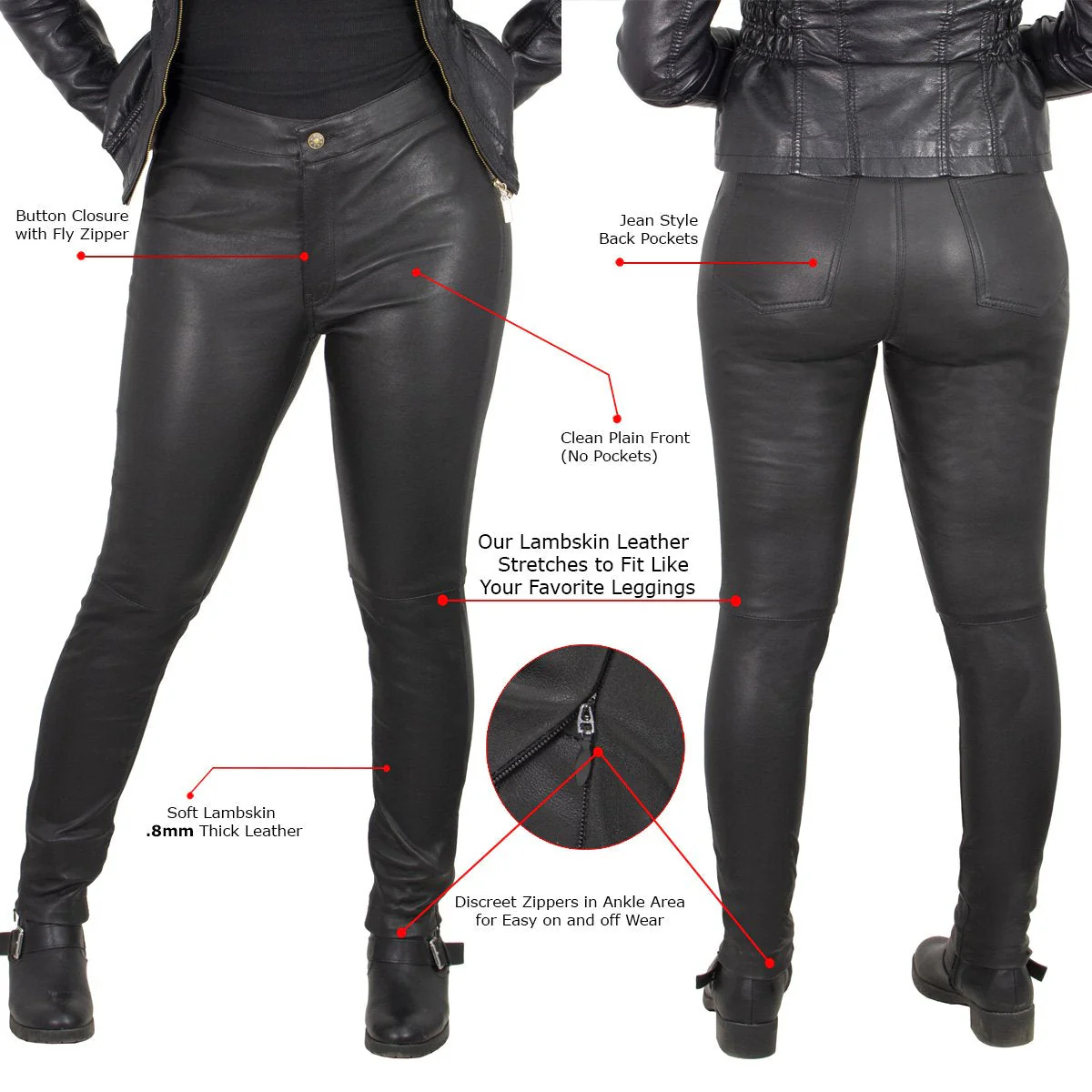 Milwaukee Leather MLL6690 'Sandy' Women’s Black Lambskin Stretch Leather Pants - Image 4