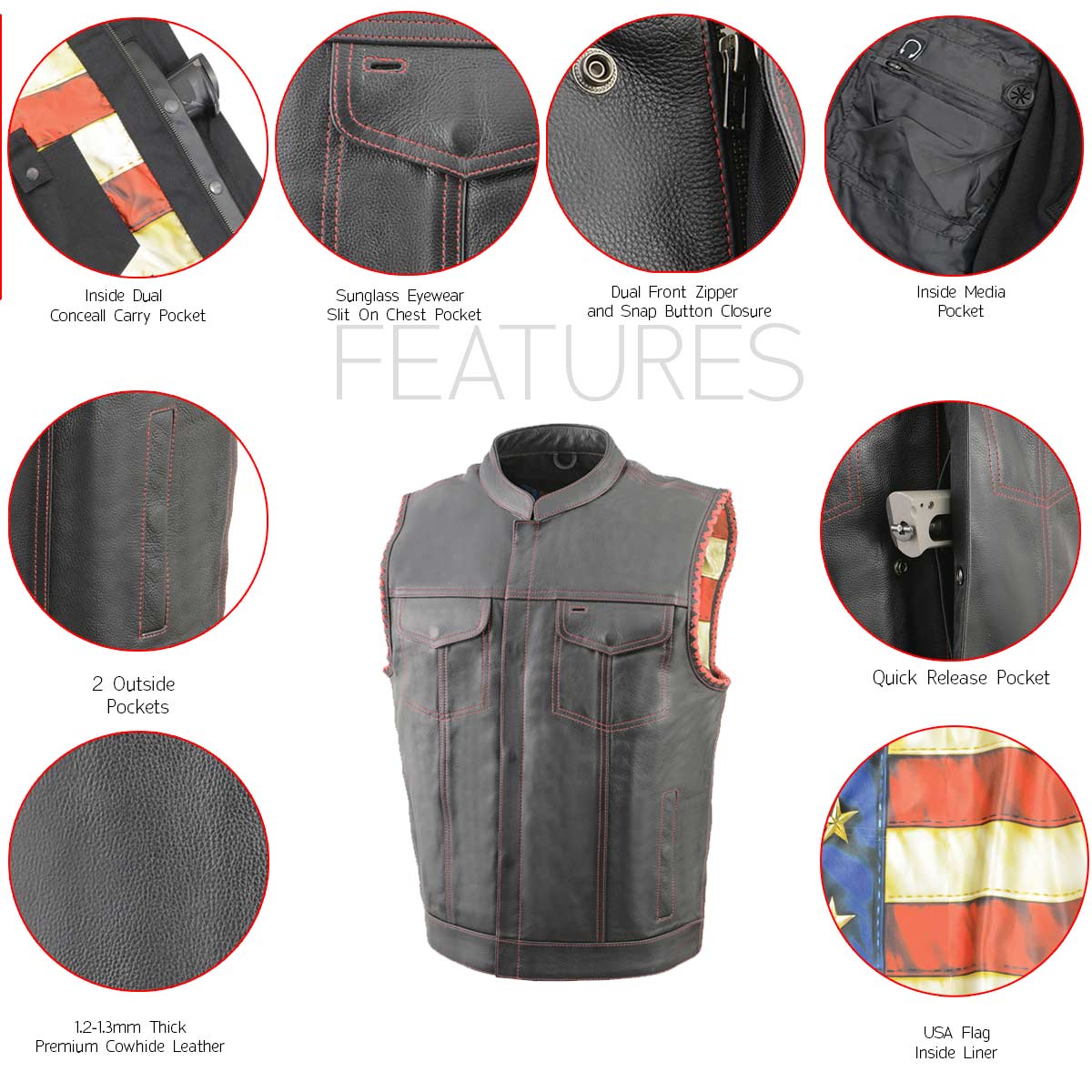 Milwaukee Leather MLM3506 Men's Black Premium Leather Vest - Old Glory Laced Armholes Red Stitching Club Style Vest - Image 15