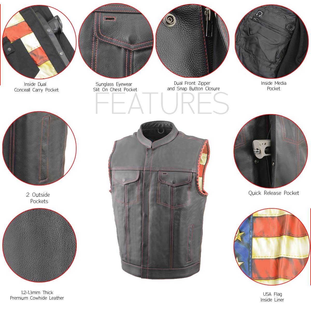 Milwaukee Leather MLM3506 Men's Black Premium Leather Vest - Old Glory Laced Armholes Red Stitching Club Style Vest - Image 7