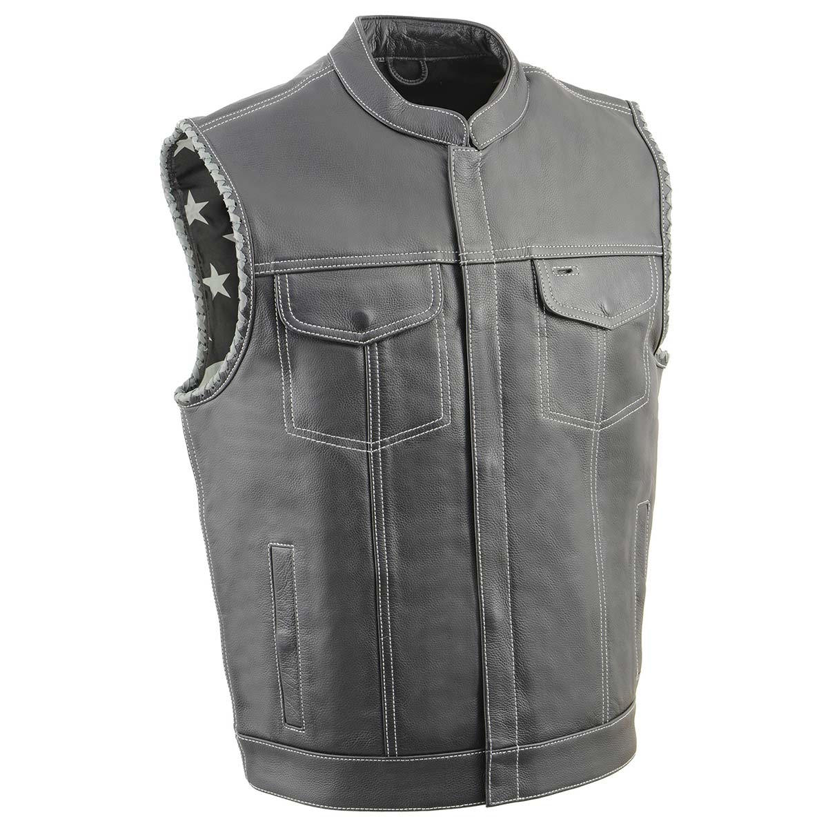 Milwaukee Leather MLM3507 Men's Old Glory Black Premium Leather Club Style Vest w/ Grey Stitching Laced Armholes - Image 10