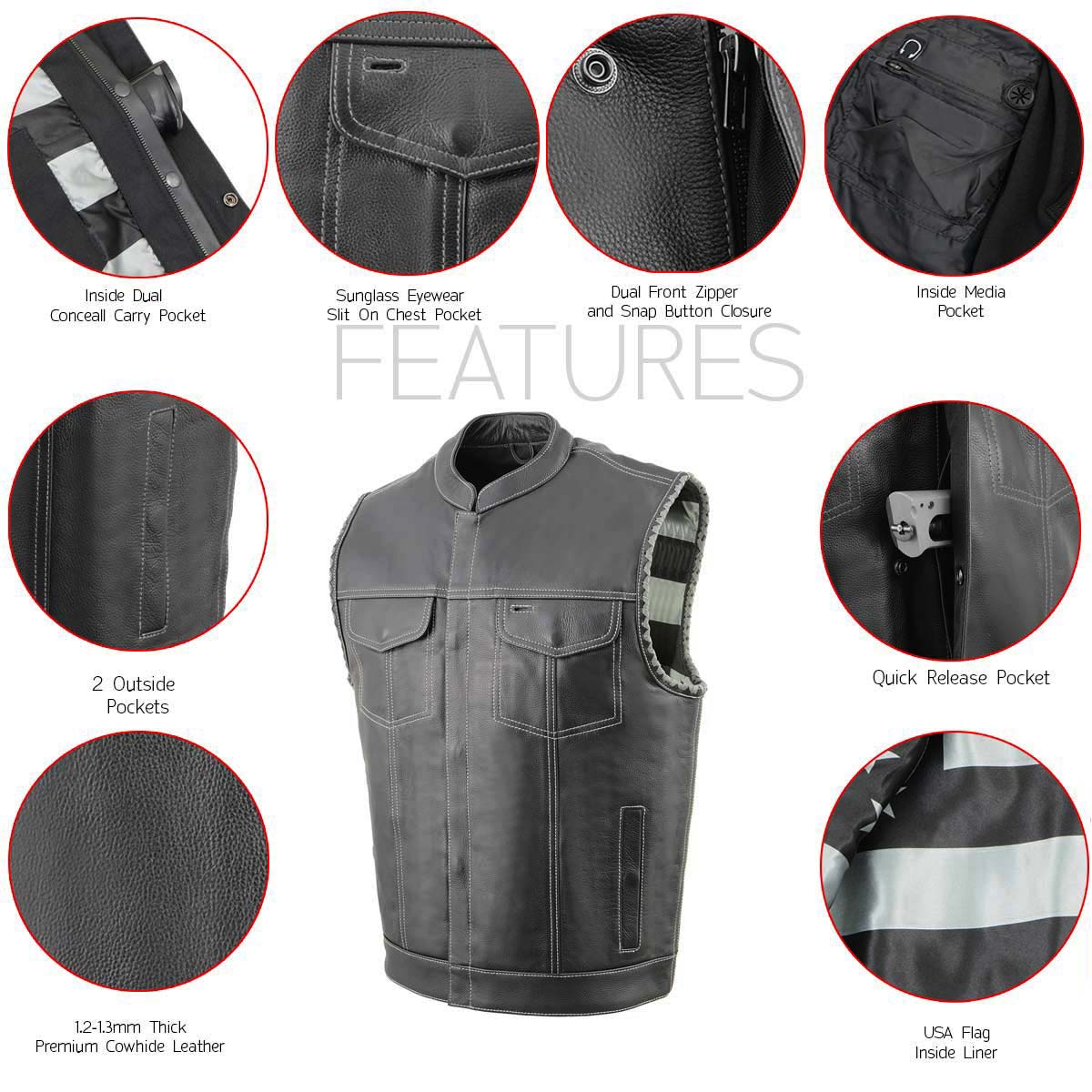 Milwaukee Leather MLM3507 Men's Old Glory Black Premium Leather Club Style Vest w/ Grey Stitching Laced Armholes - Image 12