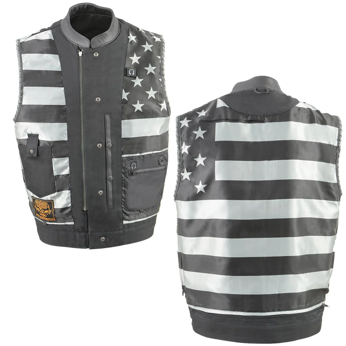 Milwaukee Leather MLM3507 Men's Old Glory Black Premium Leather Club Style Vest w/ Grey Stitching Laced Armholes - Image 4