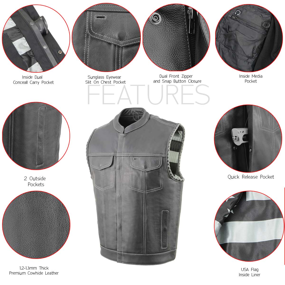 Milwaukee Leather MLM3507 Men's Old Glory Black Premium Leather Club Style Vest w/ Grey Stitching Laced Armholes - Image 5