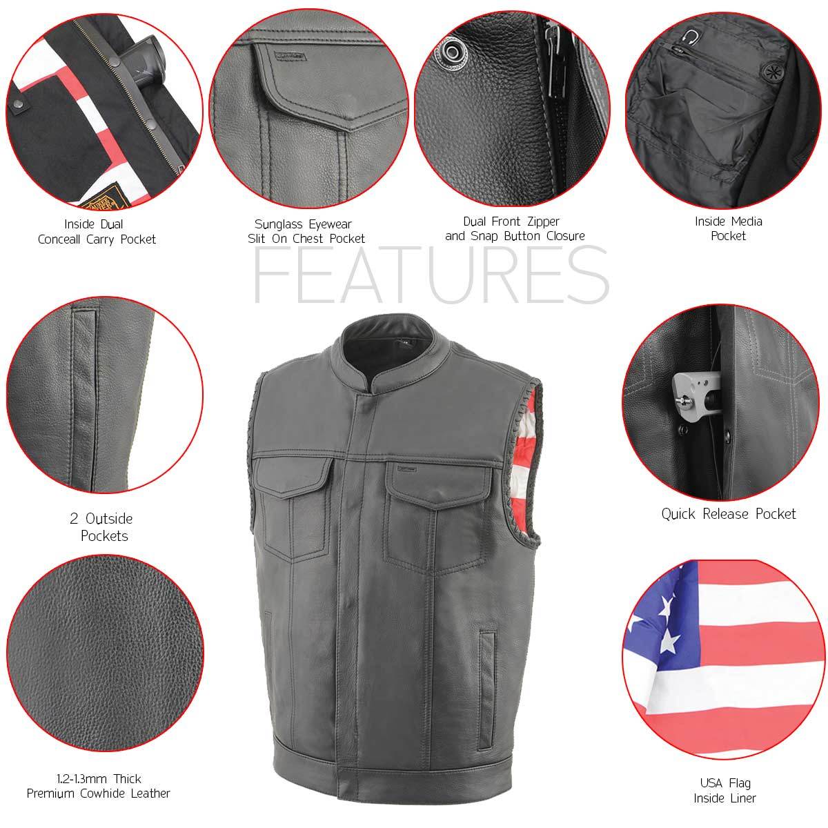 Milwaukee Leather MLM3508 Men's Black Premium Leather Vest - Old Glory Laced Armholes Black Stitching Club Style Vest - Image 4