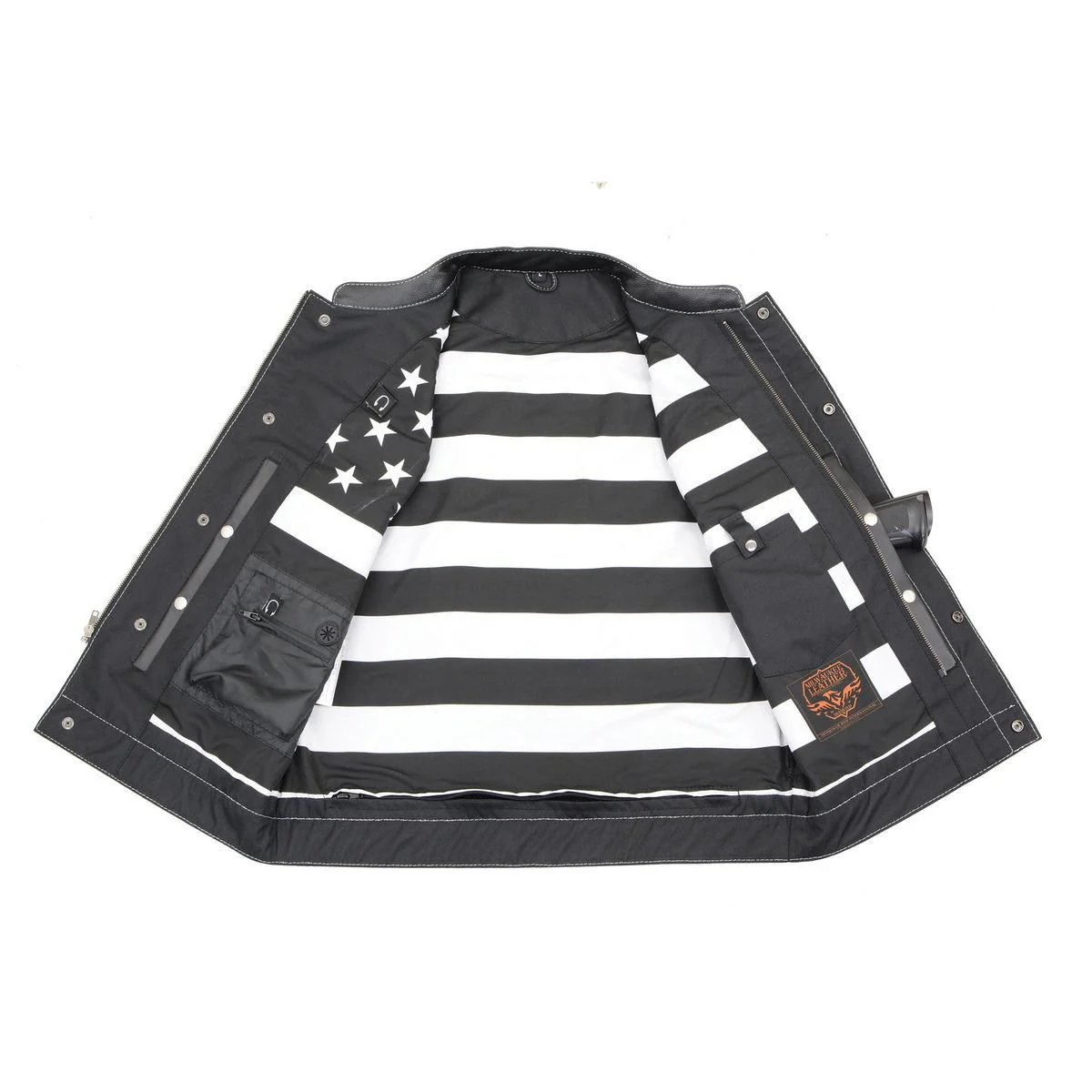 Milwaukee Leather MLM3509 Men's Black Premium Leather Vest - Old Glory Laced Armholes White Stitching Club Style Vest - Image 4