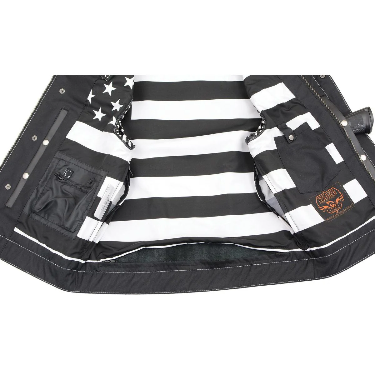 Milwaukee Leather MLM3509 Men's Black Premium Leather Vest - Old Glory Laced Armholes White Stitching Club Style Vest - Image 5