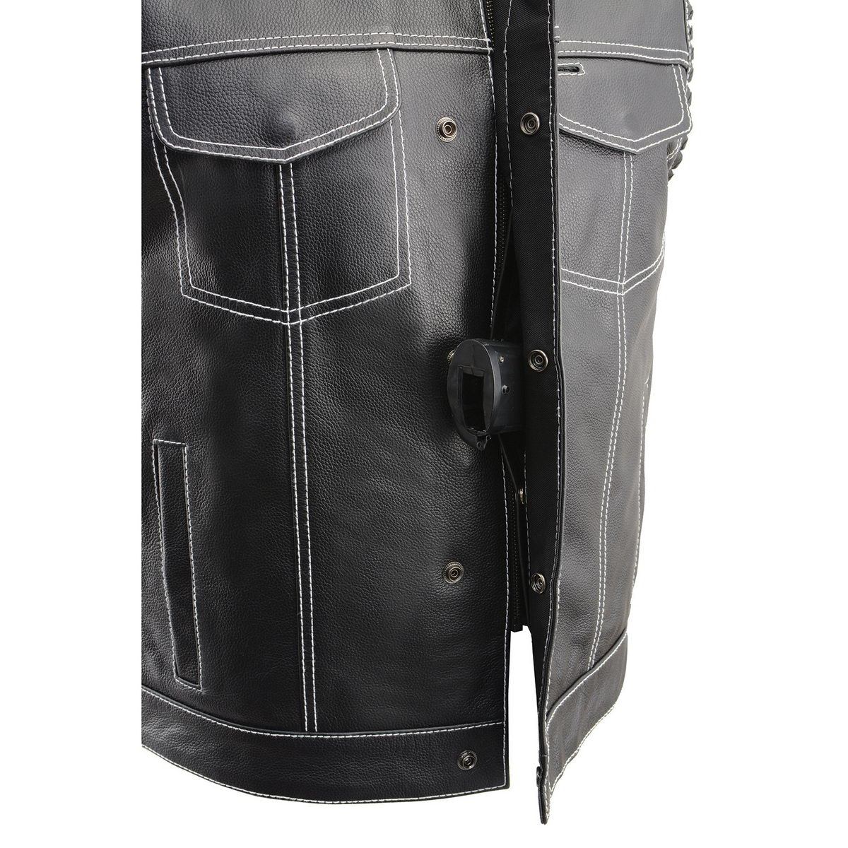 Milwaukee Leather MLM3509 Men's Black Premium Leather Vest - Old Glory Laced Armholes White Stitching Club Style Vest - Image 6