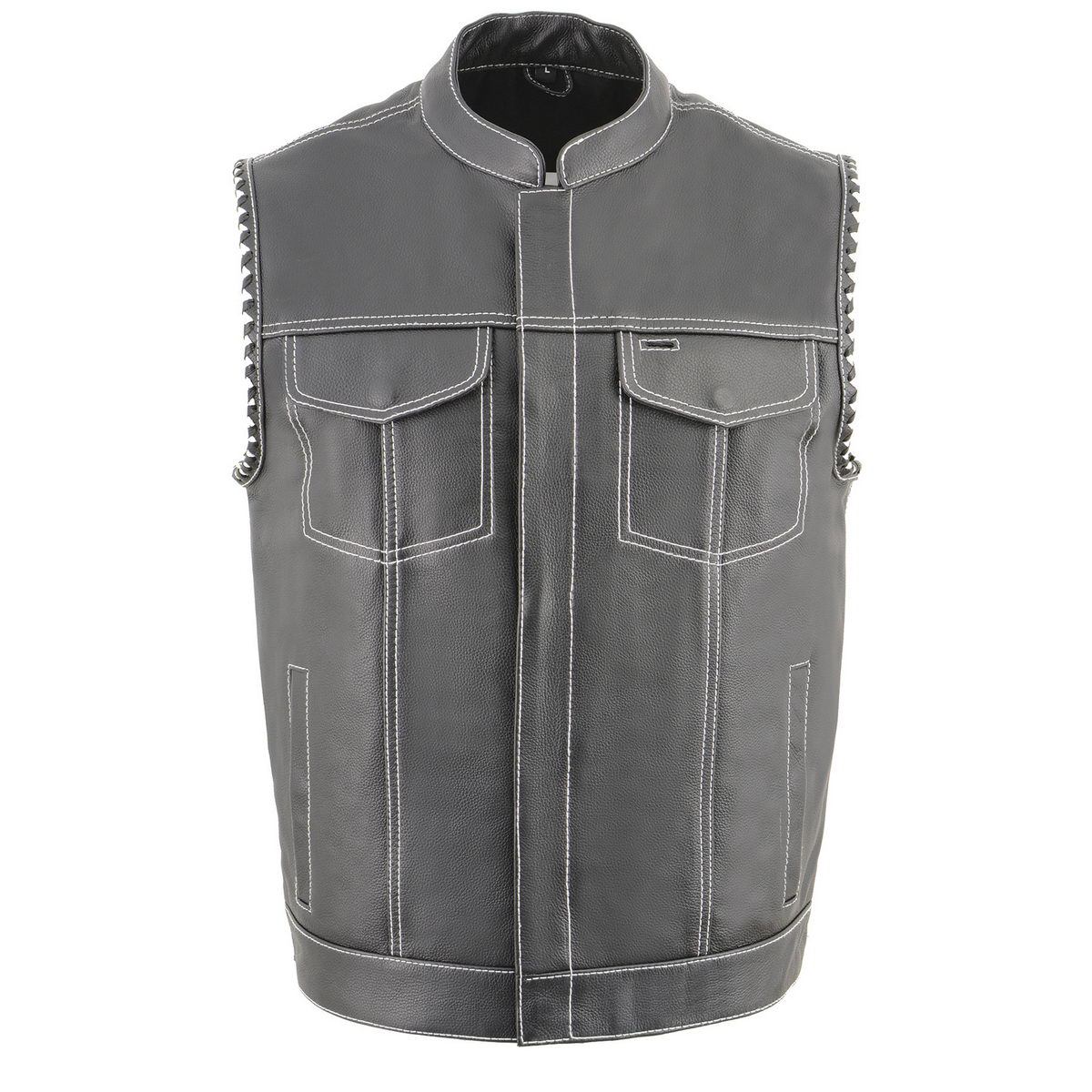 Milwaukee Leather MLM3509 Men's Black Premium Leather Vest - Old Glory Laced Armholes White Stitching Club Style Vest - Image 8