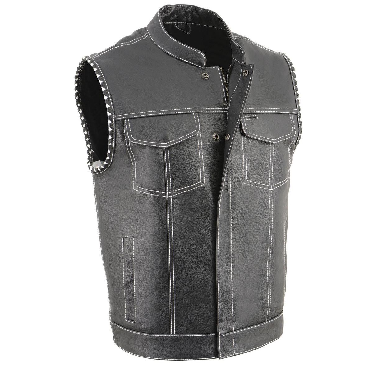 Milwaukee Leather MLM3509 Men's Black Premium Leather Vest - Old Glory Laced Armholes White Stitching Club Style Vest - Image 9