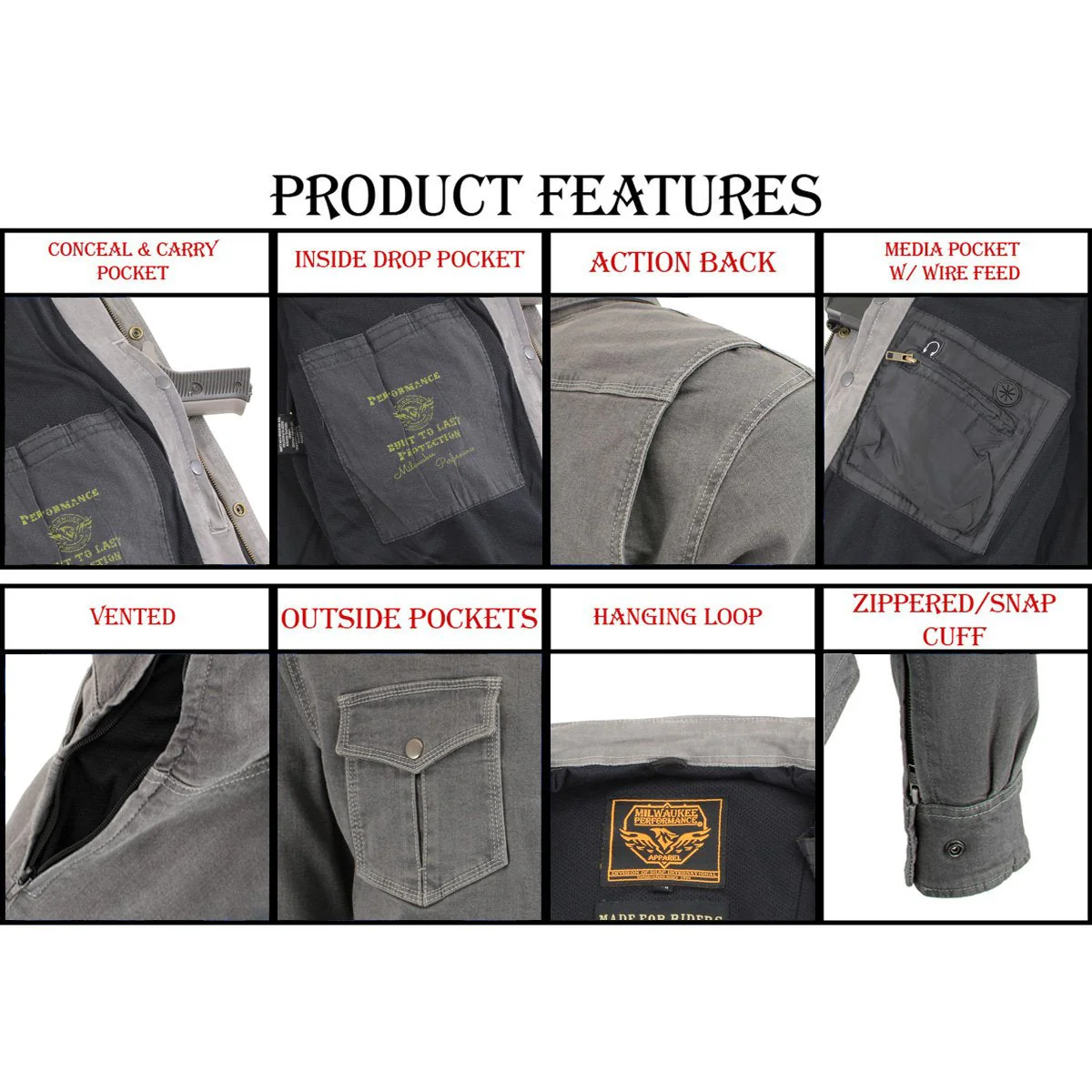 Milwaukee Leather MPM1621 Men's Grey Long Sleeve Flannel Biker Shirt w/ CE Armor - Reinforced w/ Aramid Fibers - Image 9