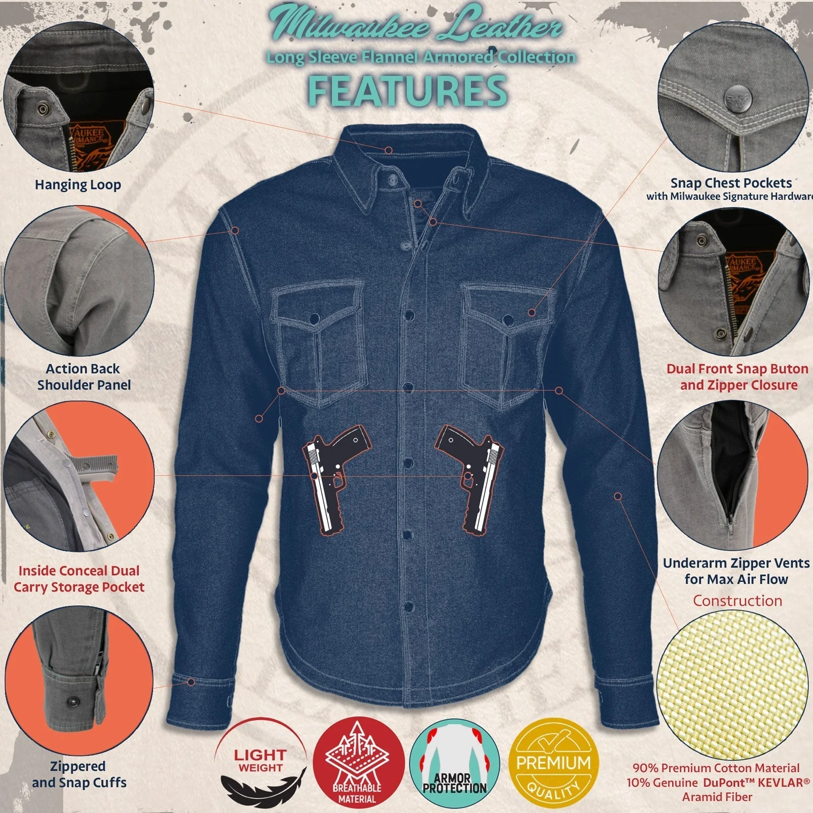 Milwaukee Leather MPM1643 Men's Plaid Flannel Biker Shirt with CE Approved Armor - Reinforced w/ Aramid Fiber - Image 12