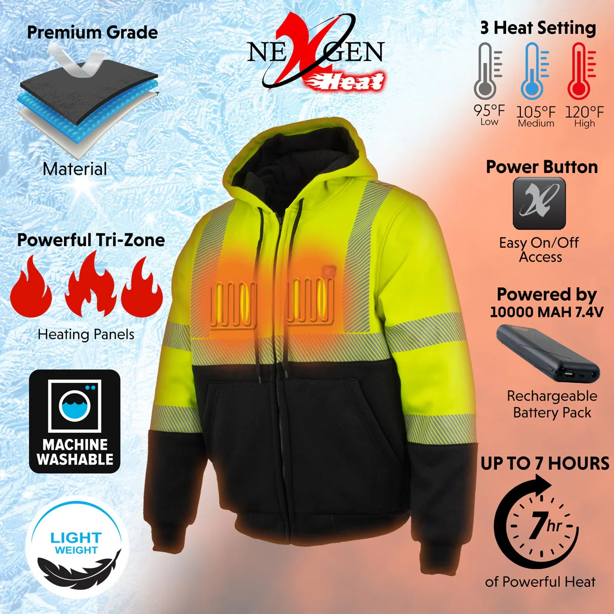 Nexgen Heat MPM1773SET Men's Heated High Visibility Work Hoodie, Neon Green Hi Vis Reflective Hoodie w/ Battery - Image 21