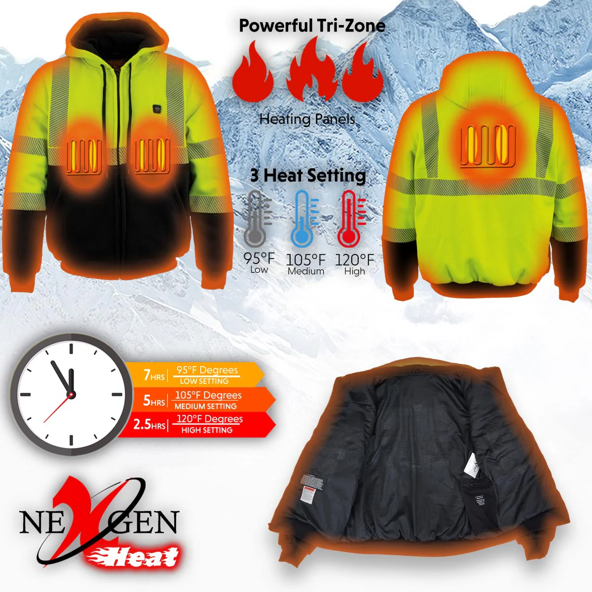 Nexgen Heat MPM1773SET Men's Heated High Visibility Work Hoodie, Neon Green Hi Vis Reflective Hoodie w/ Battery - Image 23